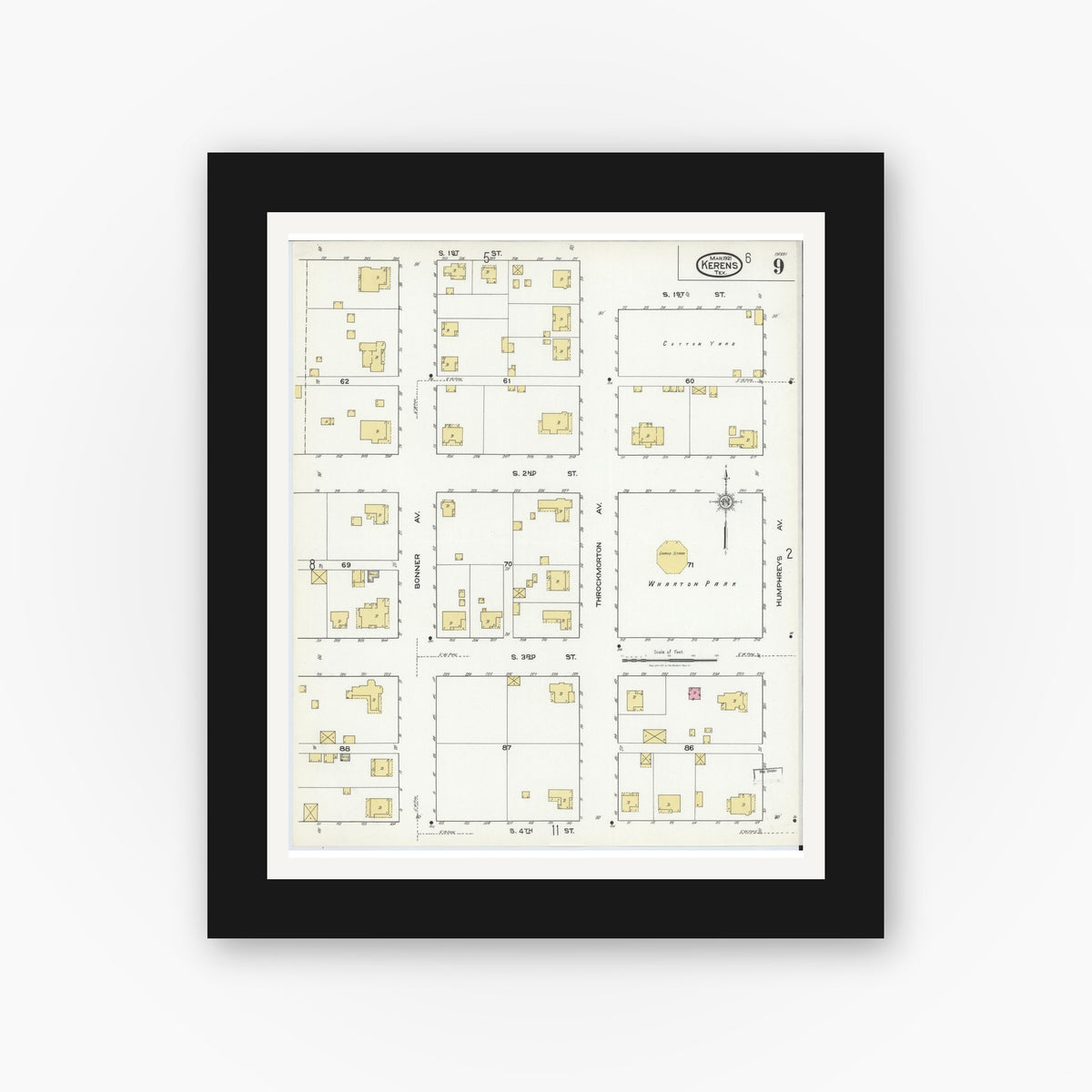 Old map wall art mockup — black gallery frame with white mat — Sanborn Fire Insurance Map from Kerens, Navarro County, Texas (1921), Sheet #0009