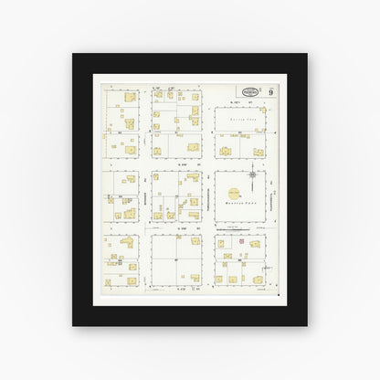 Old map wall art mockup — black gallery frame with white mat — Sanborn Fire Insurance Map from Kerens, Navarro County, Texas (1921), Sheet #0009