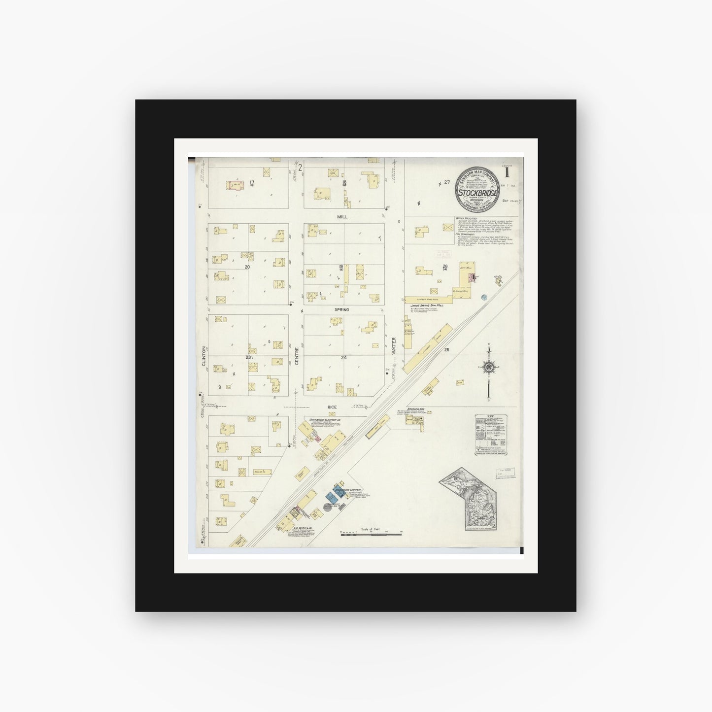 Old map wall art mockup — black gallery frame with white mat — Sanborn Fire Insurance Map from Stockbridge, Ingham County, Michigan (1913) - Complete Map Set
