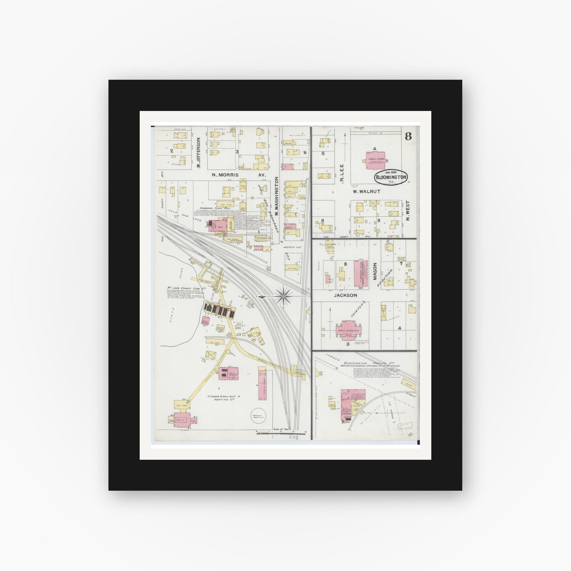 Old map wall art mockup — black gallery frame with white mat — Sanborn Fire Insurance Map from Bloomington, McLean County, Illinois (1892), Sheet #0008