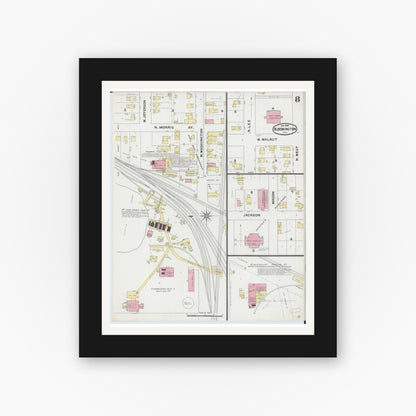 Old map wall art mockup — black gallery frame with white mat — Sanborn Fire Insurance Map from Bloomington, McLean County, Illinois (1892), Sheet #0008