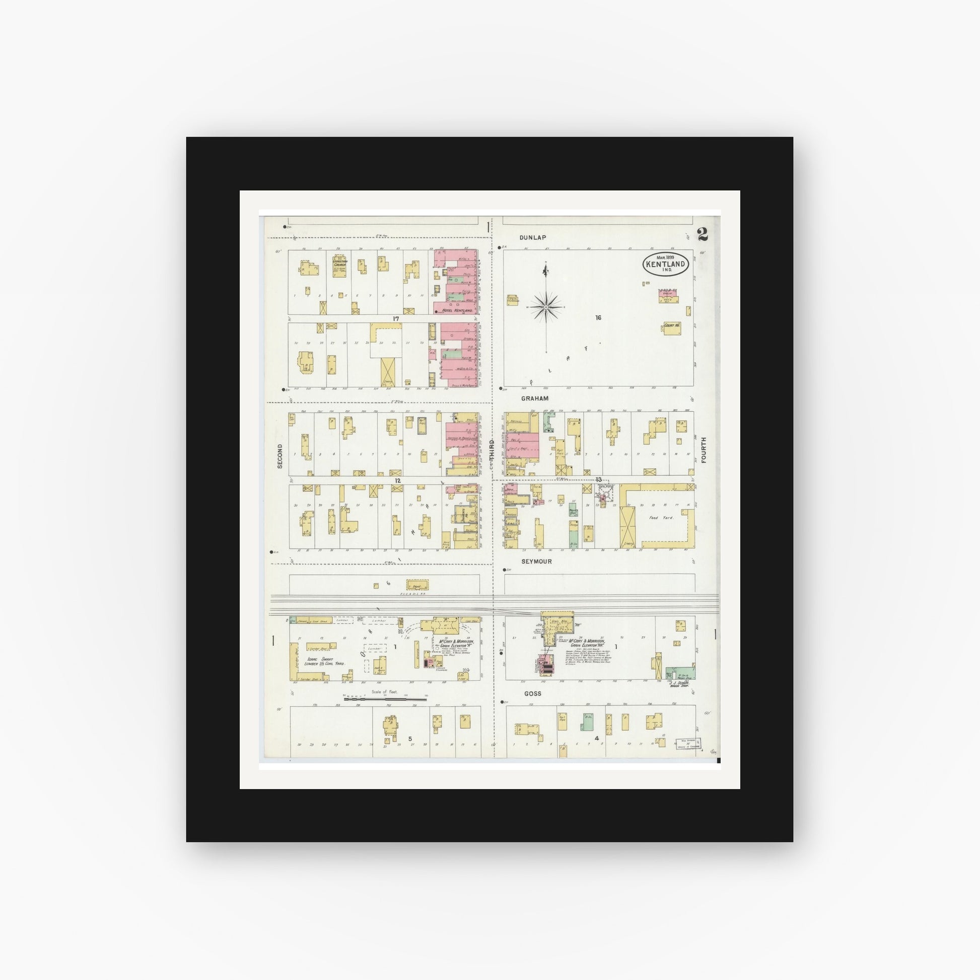 Old map wall art mockup — black gallery frame with white mat — Sanborn Fire Insurance Map from Kentland, Newton County, Indiana (1899), Sheet #0002