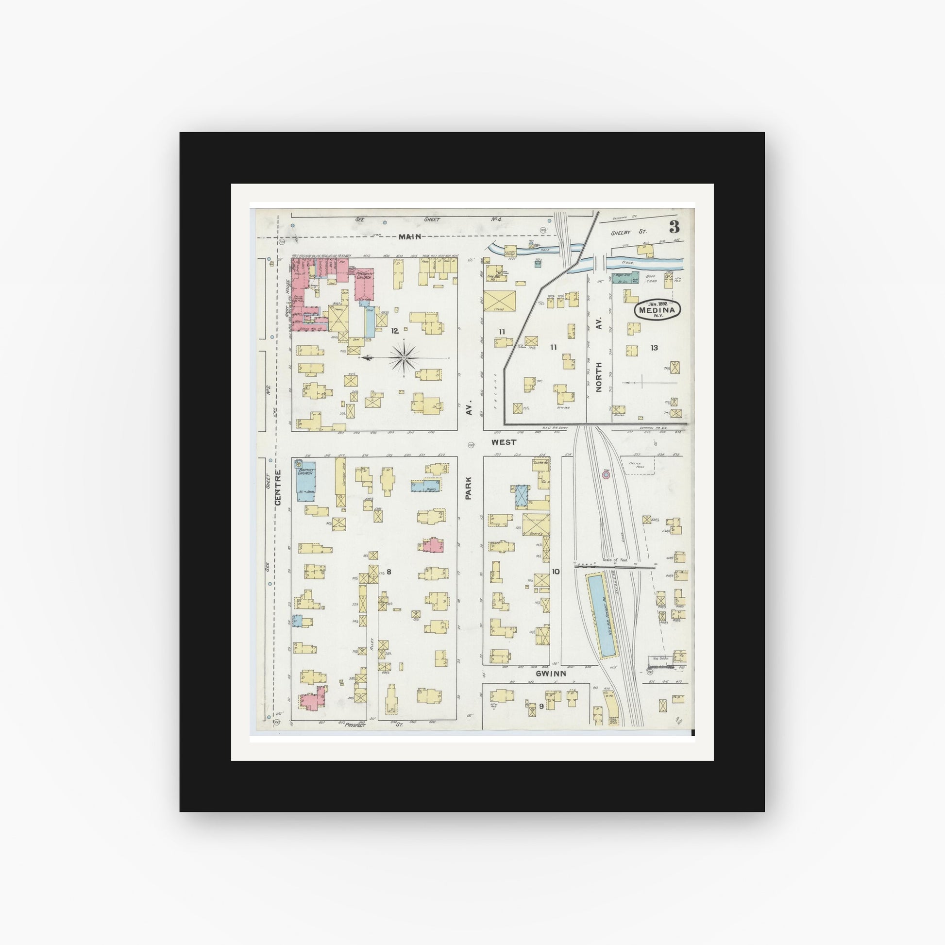 Old map wall art mockup — black gallery frame with white mat — Sanborn Fire Insurance Map from Medina, Orleans County, New York (1892), Sheet #0003