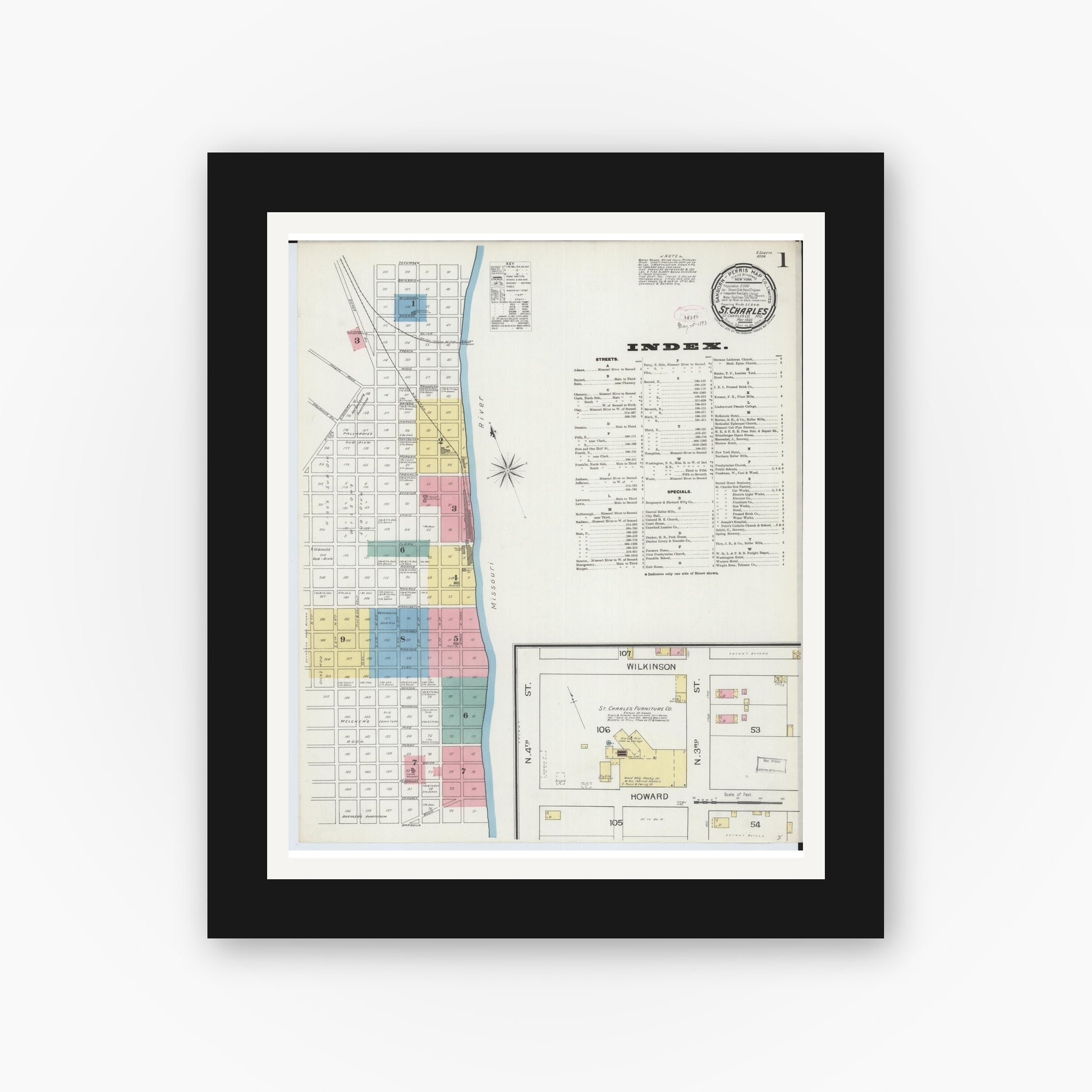 Old map wall art mockup — black gallery frame with white mat — Sanborn Fire Insurance Map from Saint Charles, Saint Charles County, Missouri (1893) - Complete Map Set