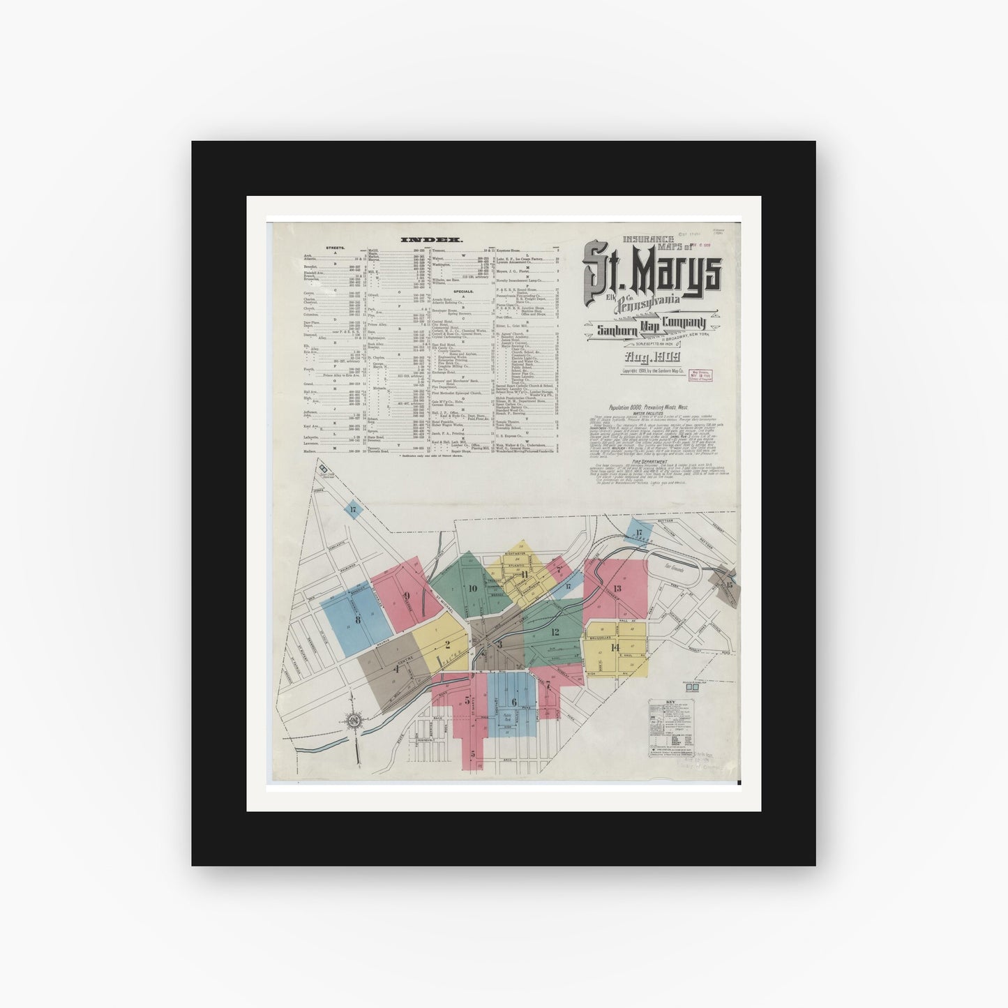 Old map wall art mockup — black gallery frame with white mat — Sanborn Fire Insurance Map from Saint Marys, Elk County, Pennsylvania (1909) - Complete Map Set
