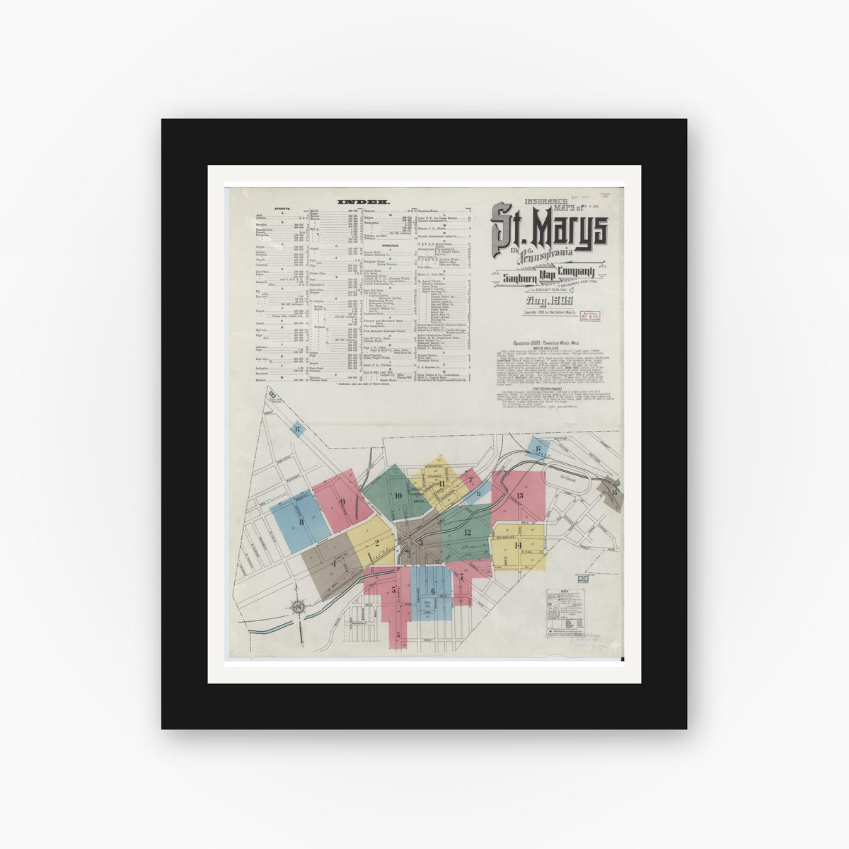 Old map wall art mockup — black gallery frame with white mat — Sanborn Fire Insurance Map from Saint Marys, Elk County, Pennsylvania (1909) - Complete Map Set
