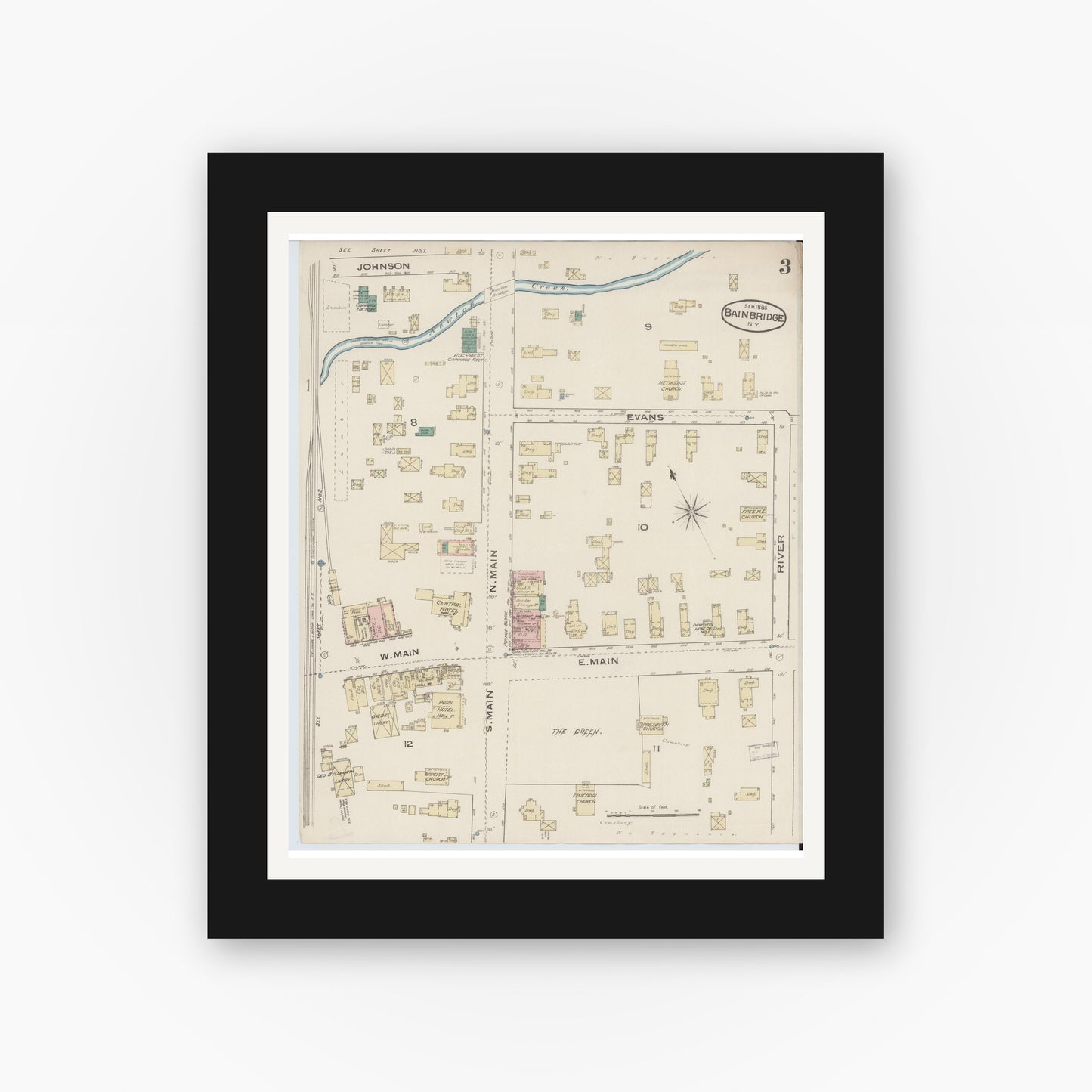 Old map wall art mockup — black gallery frame with white mat — Sanborn Fire Insurance Map from Bainbridge, Chenango County, New York (1885), Sheet #0003