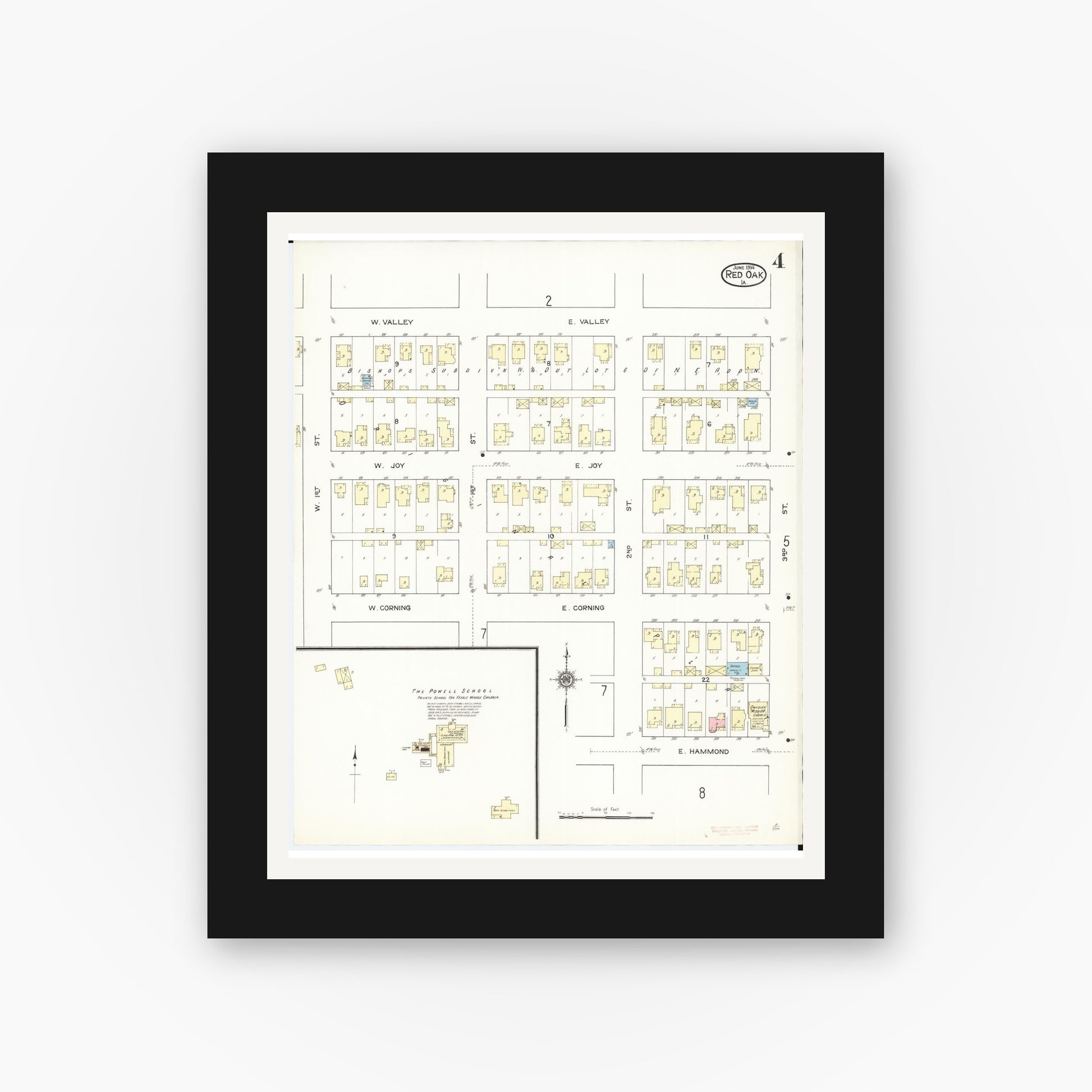 Old map wall art mockup — black gallery frame with white mat — Sanborn Fire Insurance Map from Red Oak, Montgomery County, Iowa (1914), Sheet #0004