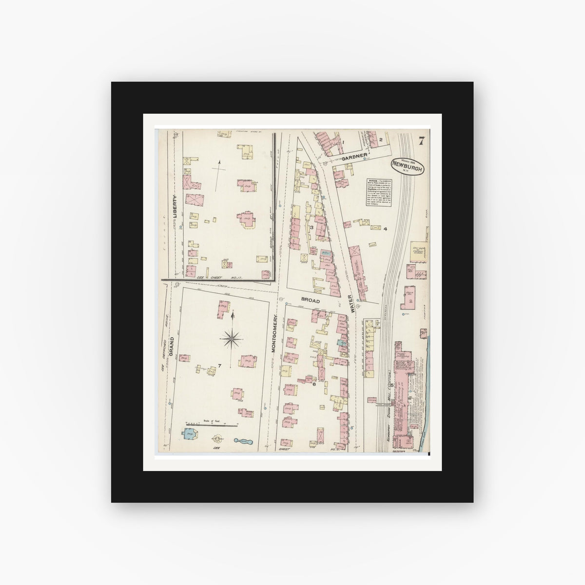 Old map wall art mockup — black gallery frame with white mat — Sanborn Fire Insurance Map from Newburgh, Orange County, New York (1884), Sheet #0007