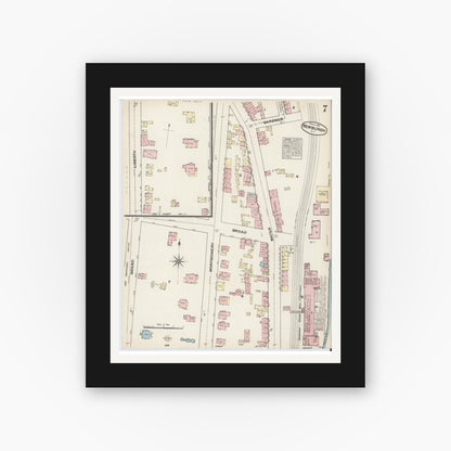 Old map wall art mockup — black gallery frame with white mat — Sanborn Fire Insurance Map from Newburgh, Orange County, New York (1884), Sheet #0007