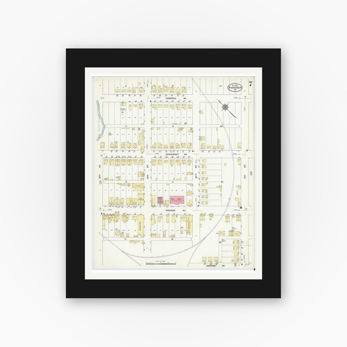 Old map wall art mockup — black gallery frame with white mat — Sanborn Fire Insurance Map from Windber, Somerset County, Pennsylvania (1910), Sheet #0007