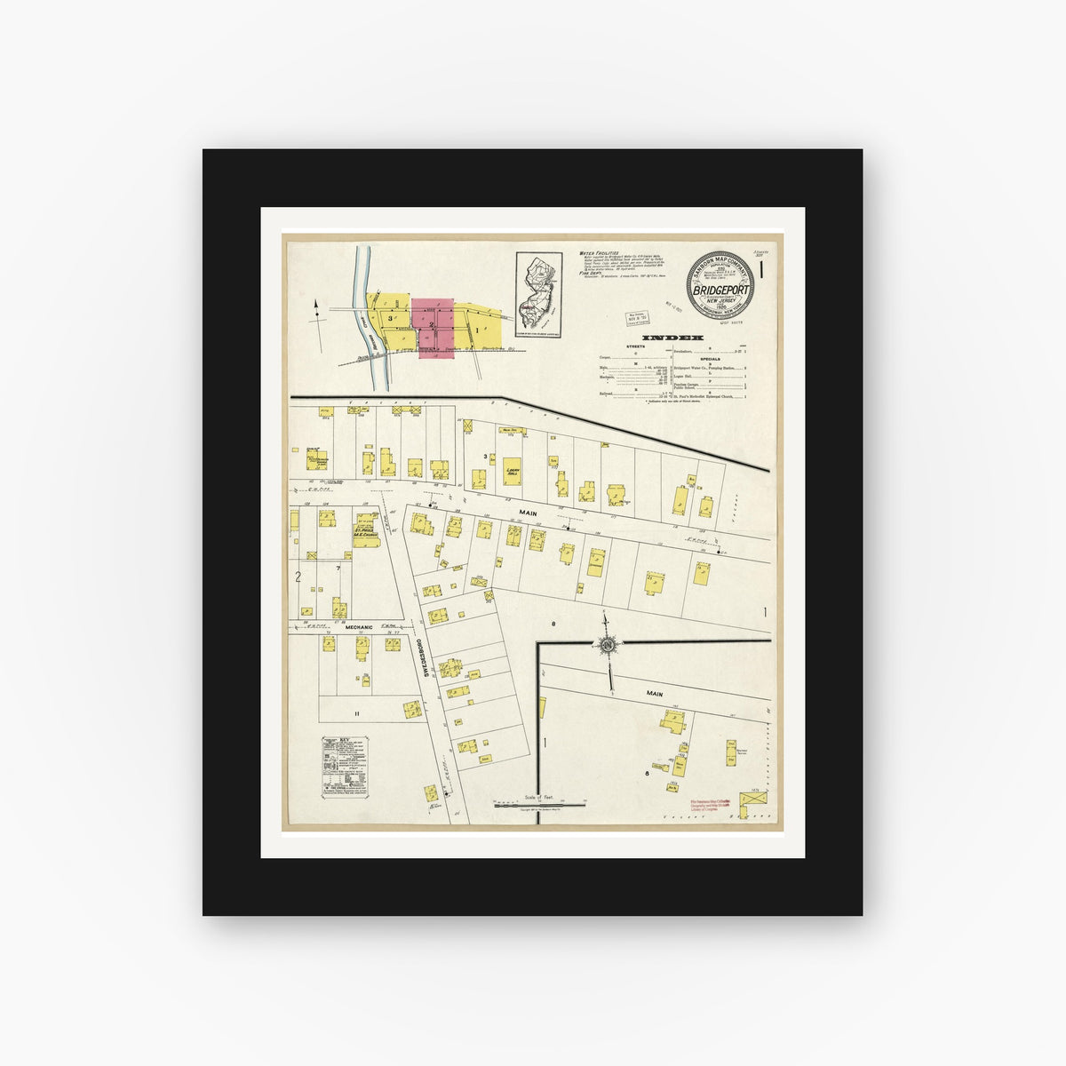 Old map wall art mockup — black gallery frame with white mat — Sanborn Fire Insurance Map from Bridgeport, Gloucester County, New Jersey (1920), Sheet #0001
