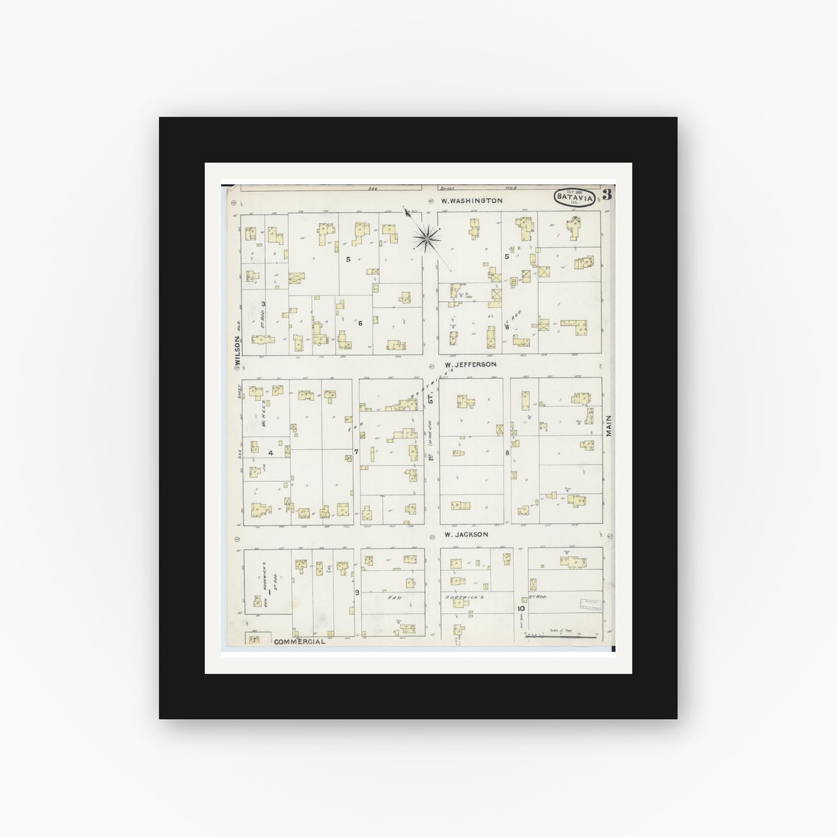 Old map wall art mockup — black gallery frame with white mat — Sanborn Fire Insurance Map from Batavia, Kane County, Illinois (1891), Sheet #0003