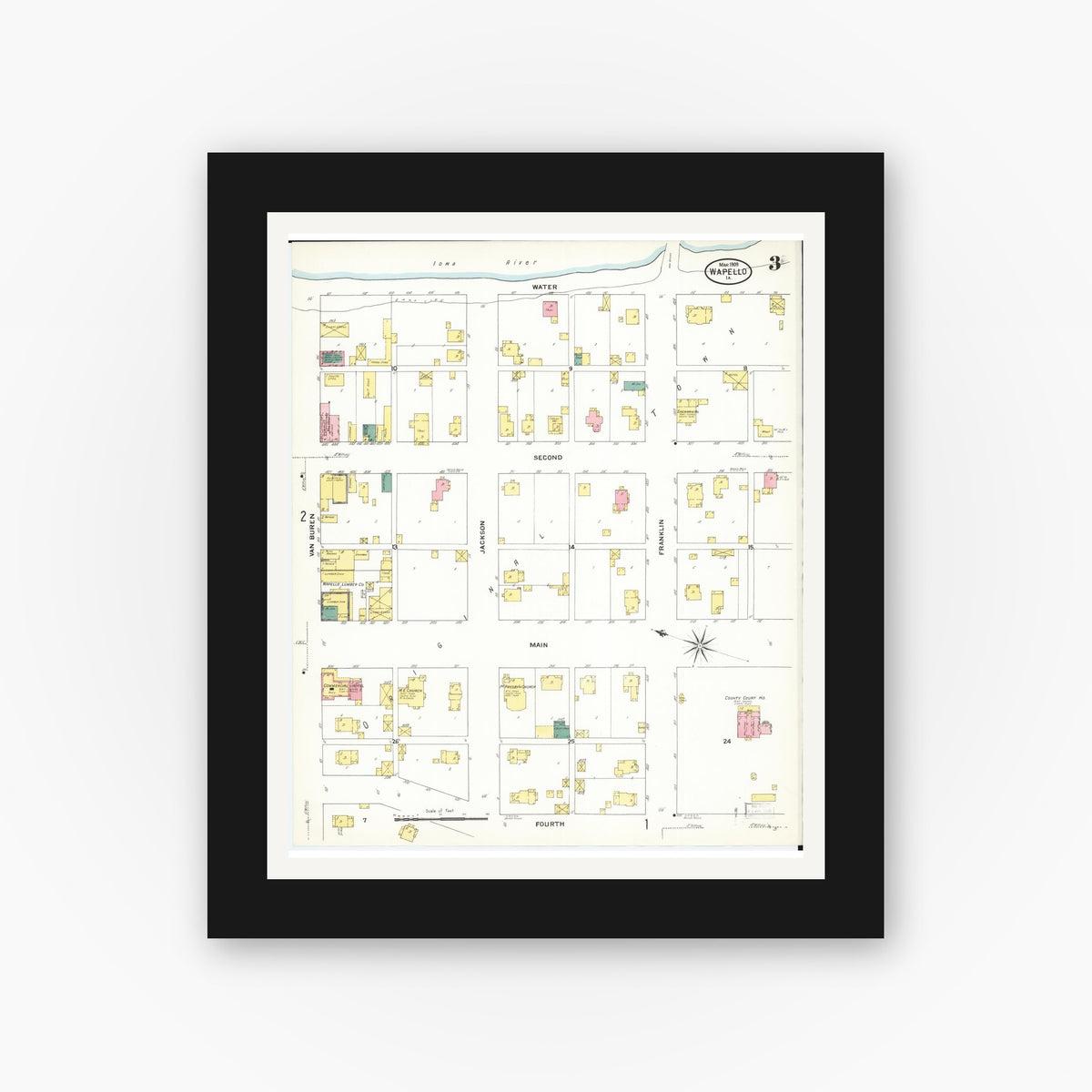 Old map wall art mockup — black gallery frame with white mat — Sanborn Fire Insurance Map from Wapello, Louisa County, Iowa (1909), Sheet #0003