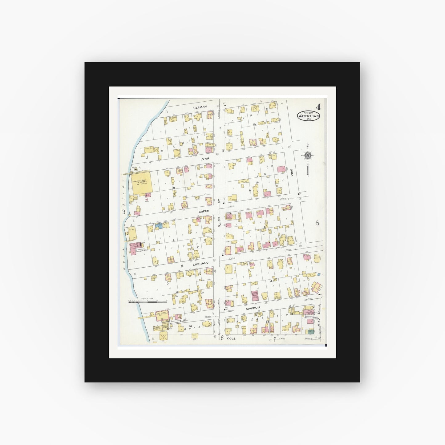 Old map wall art mockup — black gallery frame with white mat — Sanborn Fire Insurance Map from Watertown, Jefferson County, Wisconsin (1909), Sheet #0004