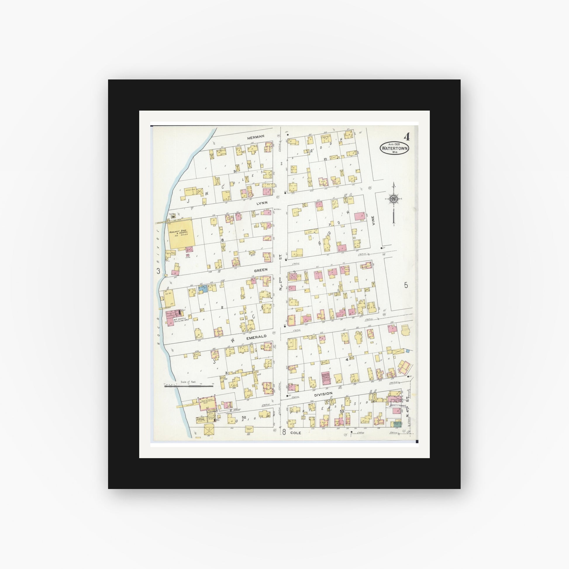 Old map wall art mockup — black gallery frame with white mat — Sanborn Fire Insurance Map from Watertown, Jefferson County, Wisconsin (1909), Sheet #0004