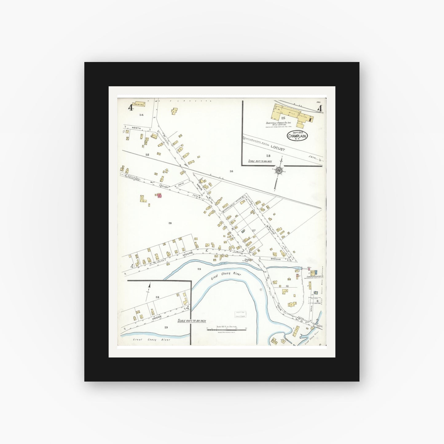 Old map wall art mockup — black gallery frame with white mat — Sanborn Fire Insurance Map from Champlain, Clinton County, New York (1923), Sheet #0004