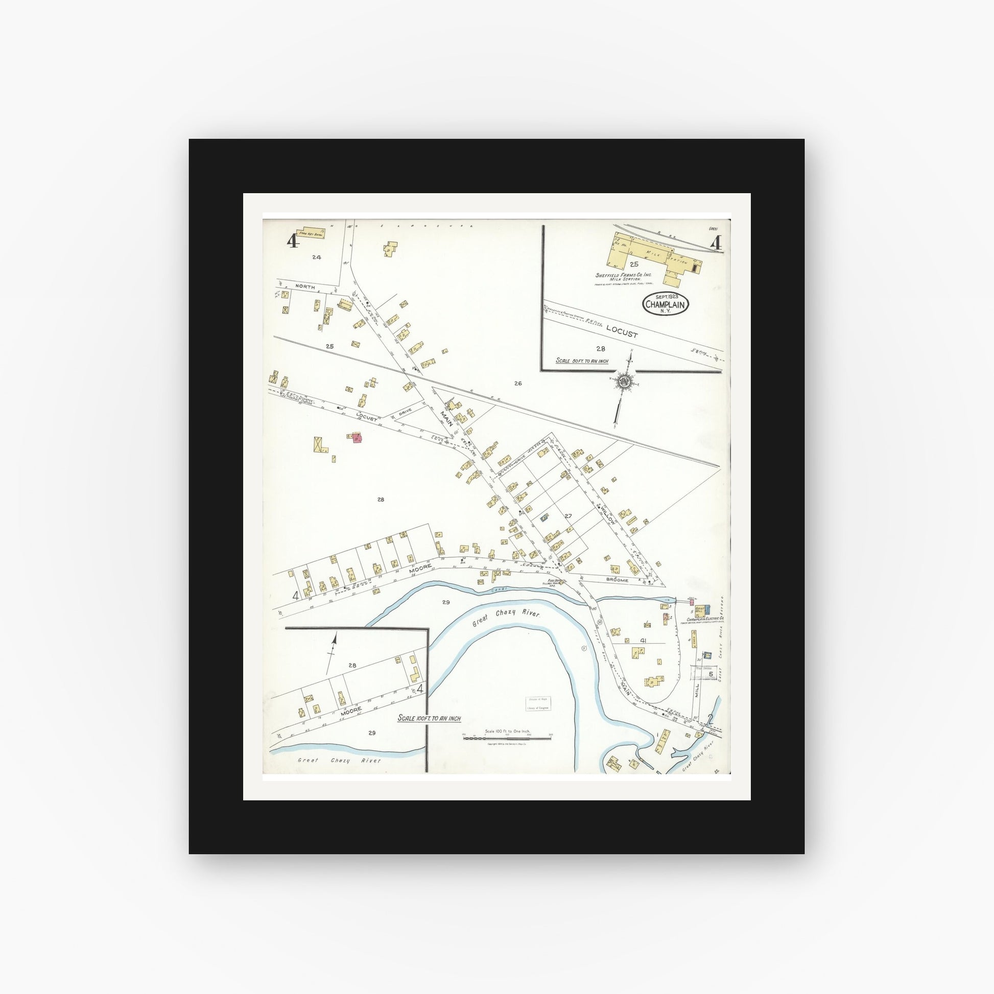 Old map wall art mockup — black gallery frame with white mat — Sanborn Fire Insurance Map from Champlain, Clinton County, New York (1923), Sheet #0004