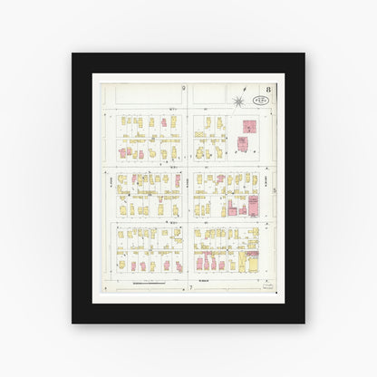 Old map wall art mockup — black gallery frame with white mat — Sanborn Fire Insurance Map from Peru, Miami County, Indiana (1899), Sheet #0008