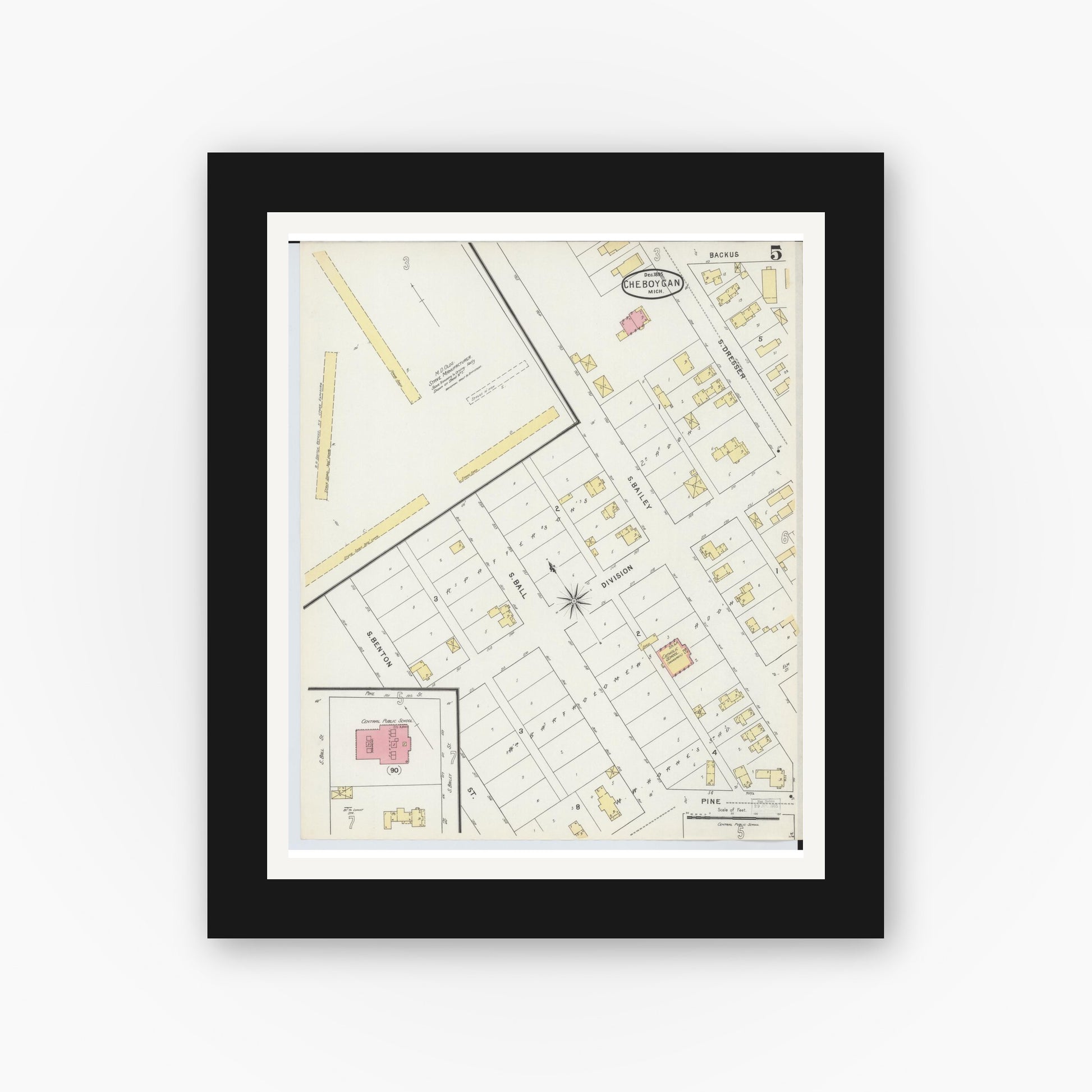 Old map wall art mockup — black gallery frame with white mat — Sanborn Fire Insurance Map from Cheboygan, Cheboygan County, Michigan (1895), Sheet #0005