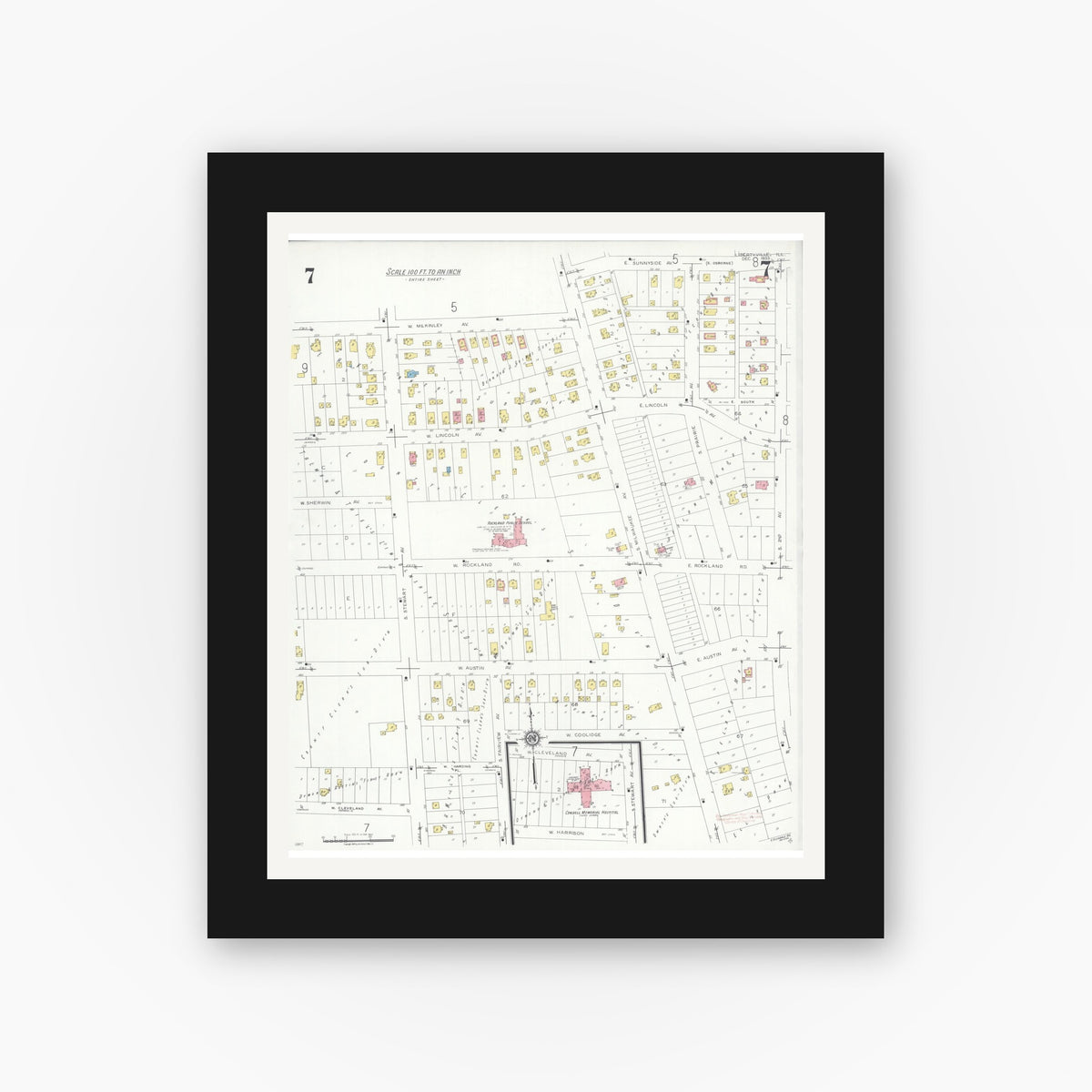 Old map wall art mockup — black gallery frame with white mat — Sanborn Fire Insurance Map from Libertyville, Lake County, Illinois (1933), Sheet #0007