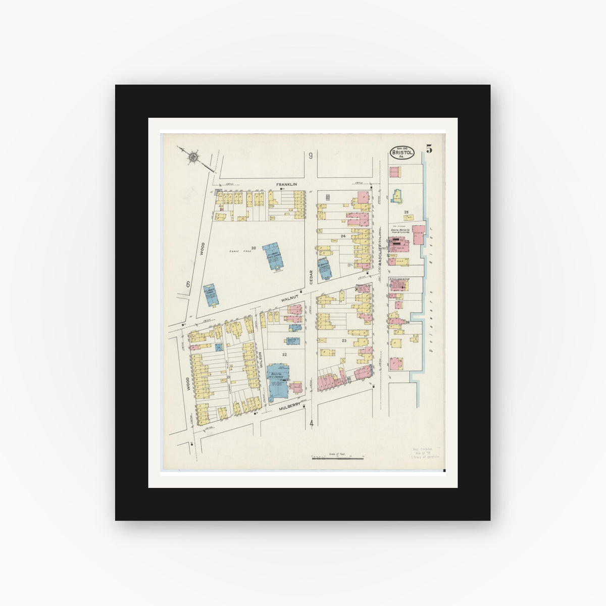Old map wall art mockup — black gallery frame with white mat — Sanborn Fire Insurance Map from Bristol, Bucks County, Pennsylvania (1915), Sheet #0005