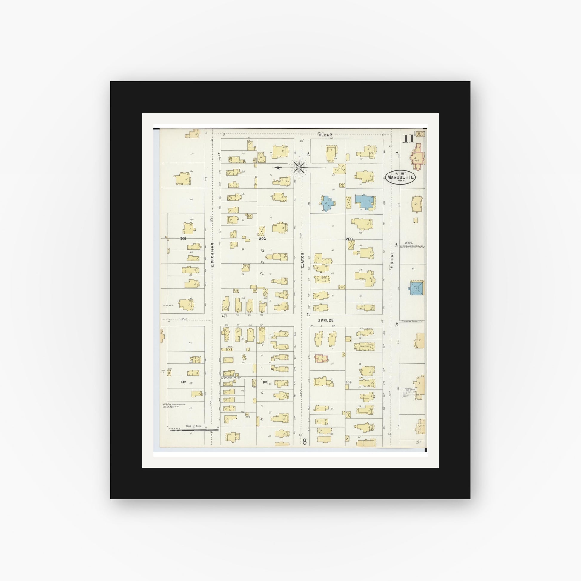 Old map wall art mockup — black gallery frame with white mat — Sanborn Fire Insurance Map from Marquette, Marquette County, Michigan (1897), Sheet #0011