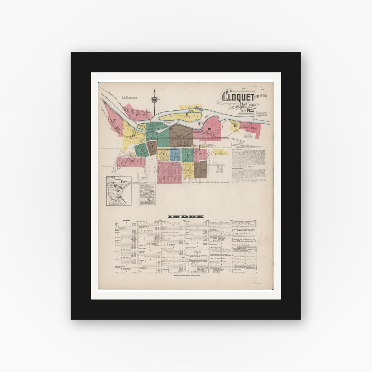 Old map wall art mockup — black gallery frame with white mat — Sanborn Fire Insurance Map from Cloquet, Carlton County, Minnesota (1922) - Complete Map Set