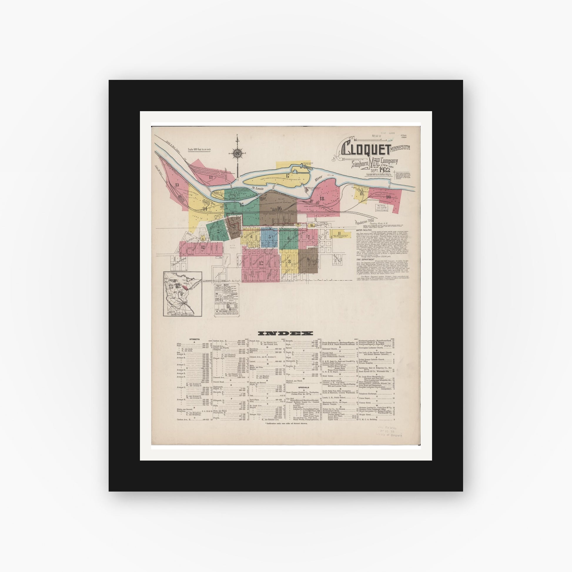 Old map wall art mockup — black gallery frame with white mat — Sanborn Fire Insurance Map from Cloquet, Carlton County, Minnesota (1922) - Complete Map Set