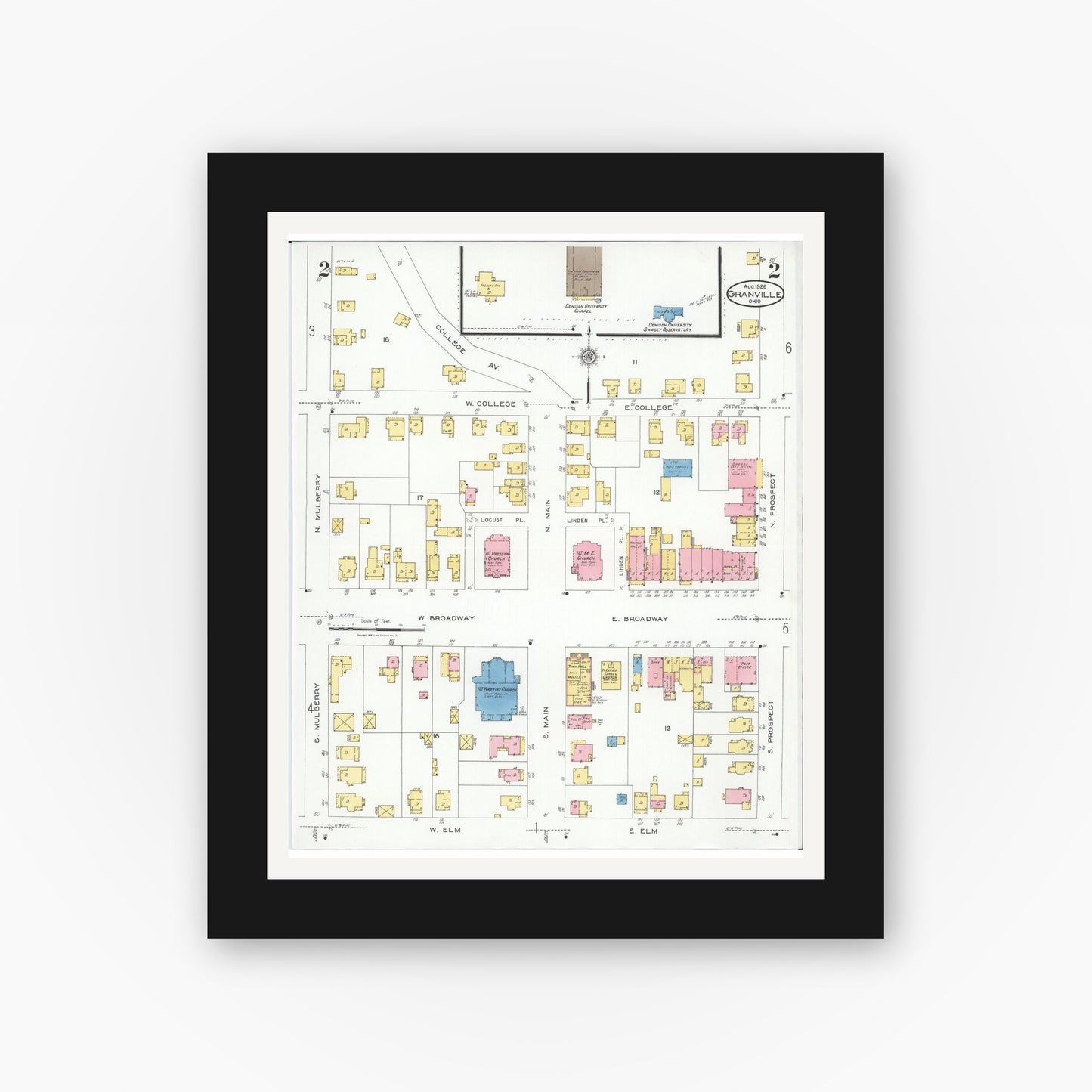 Old map wall art mockup — black gallery frame with white mat — Sanborn Fire Insurance Map from Granville, Licking County, Ohio (1926), Sheet #0002