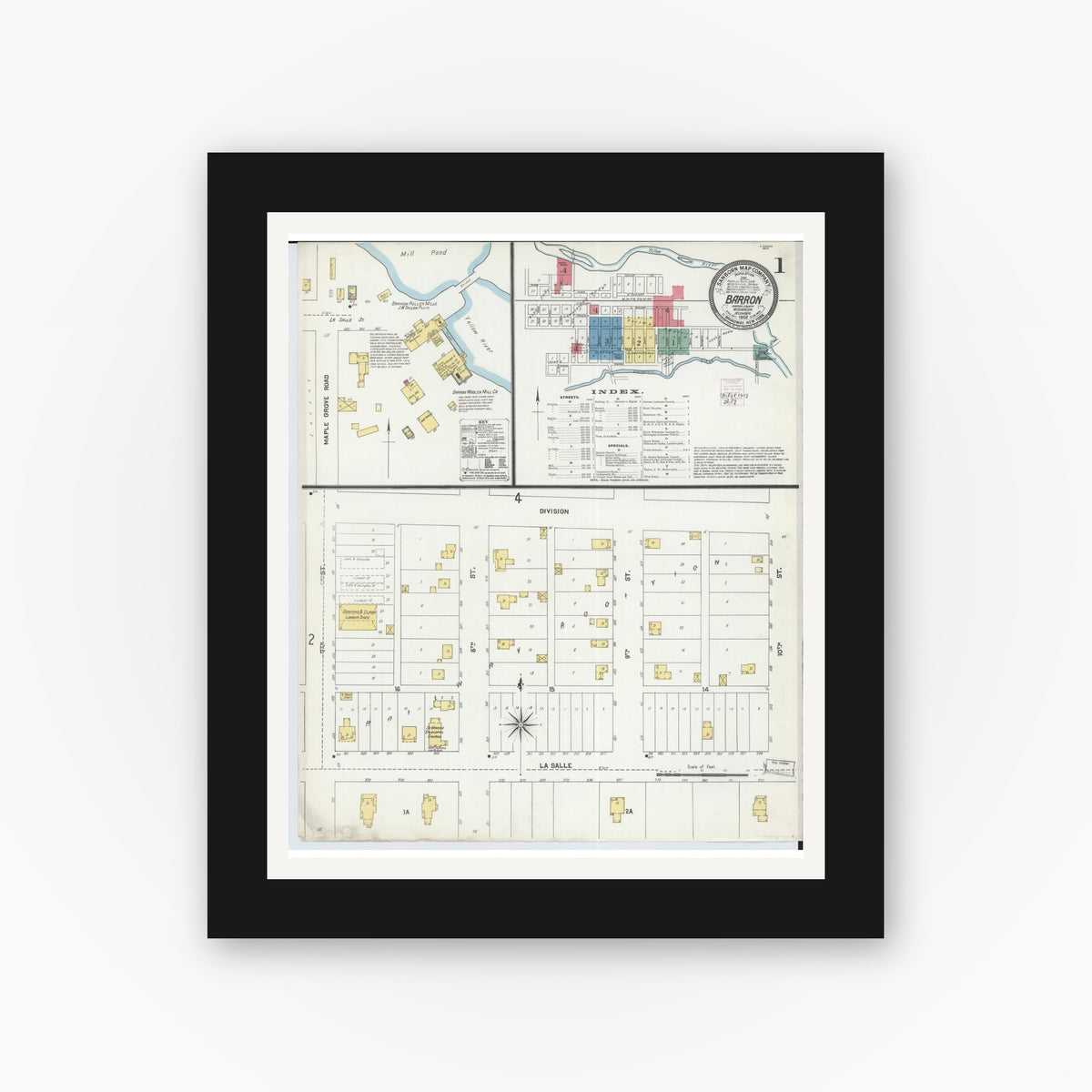 Old map wall art mockup — black gallery frame with white mat — Sanborn Fire Insurance Map from Barron, Barron County, Wisconsin (1892) - Complete Map Set