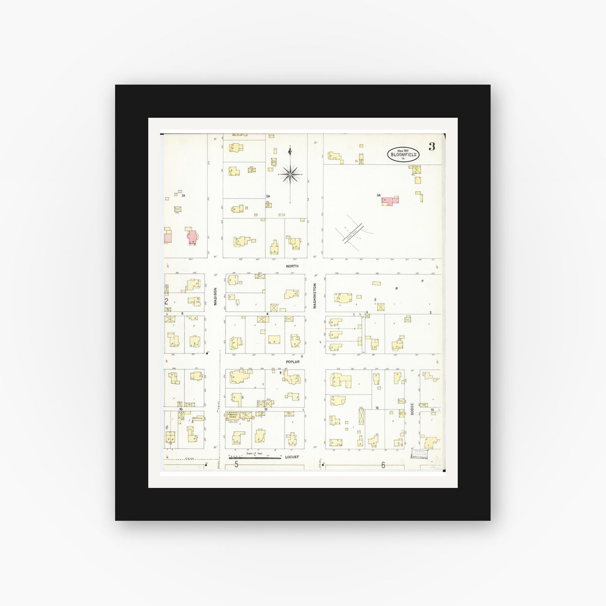 Old map wall art mockup — black gallery frame with white mat — Sanborn Fire Insurance Map from Bloomfield, Davis County, Iowa (1907), Sheet #0003