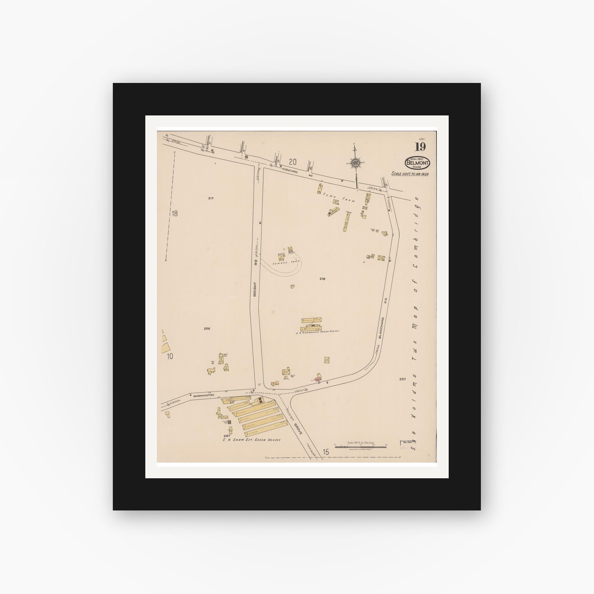 Old map wall art mockup — black gallery frame with white mat — Sanborn Fire Insurance Map from Belmont, Middlesex County, Massachusetts (1922), Sheet #0019