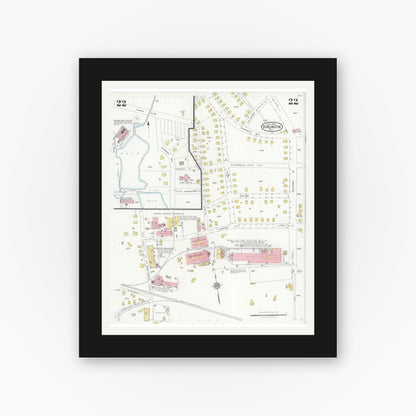 Old map wall art mockup — black gallery frame with white mat — Sanborn Fire Insurance Map from Burlington, Alamance County, North Carolina (1929), Sheet #0022