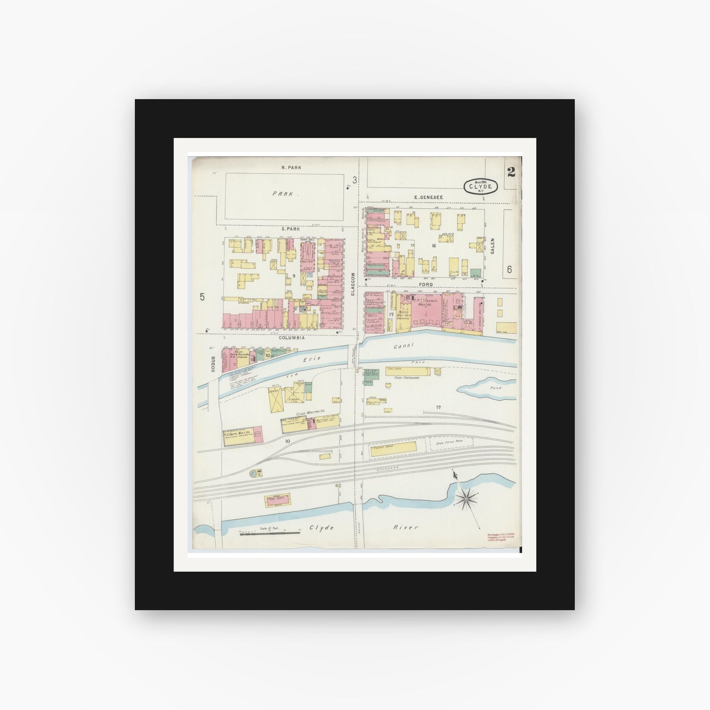 Old map wall art mockup — black gallery frame with white mat — Sanborn Fire Insurance Map from Clyde, Wayne County, New York (1896), Sheet #0002