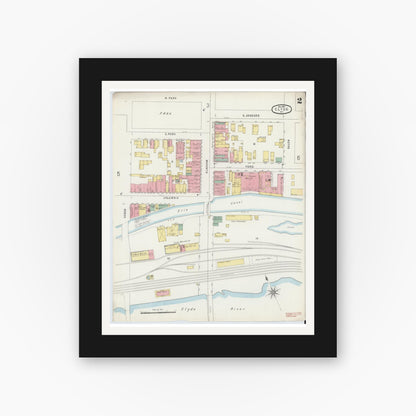 Old map wall art mockup — black gallery frame with white mat — Sanborn Fire Insurance Map from Clyde, Wayne County, New York (1896), Sheet #0002