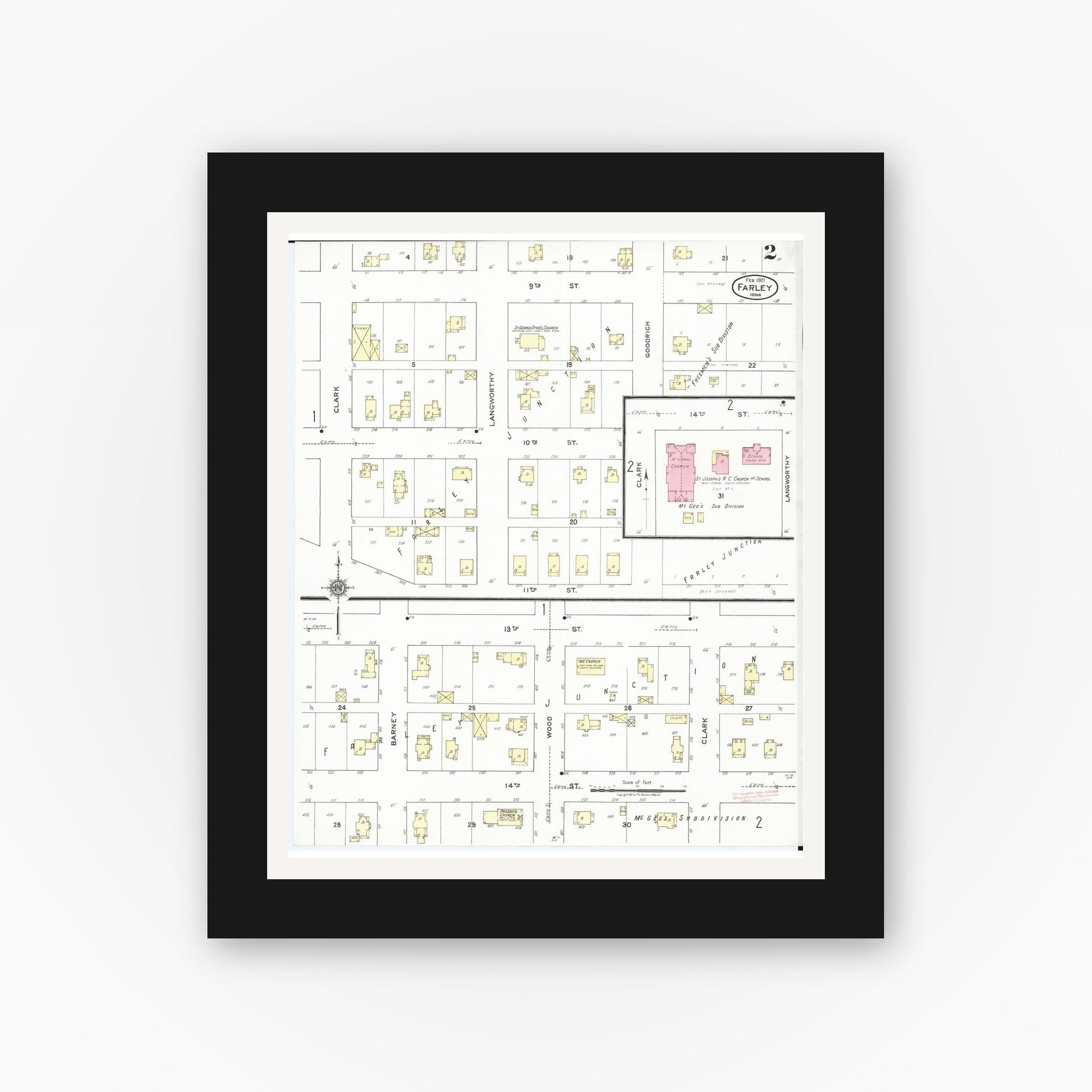 Old map wall art mockup — black gallery frame with white mat — Sanborn Fire Insurance Map from Farley, Dubuque County, Iowa (1921), Sheet #0002