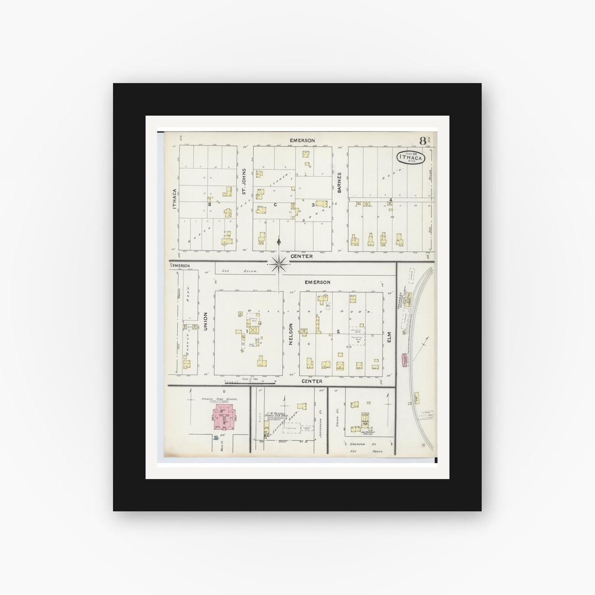 Old map wall art mockup — black gallery frame with white mat — Sanborn Fire Insurance Map from Ithaca, Gratiot County, Michigan (1891), Sheet #0008