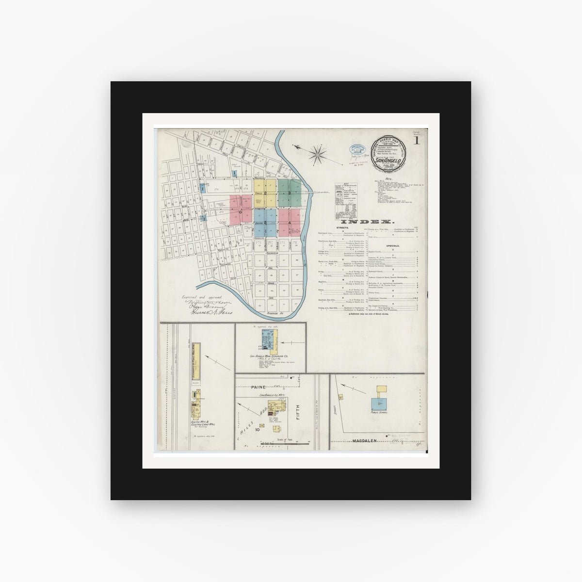 Old map wall art mockup — black gallery frame with white mat — Sanborn Fire Insurance Map from San Angelo, Tom Green County, Texas (1894) - Complete Map Set