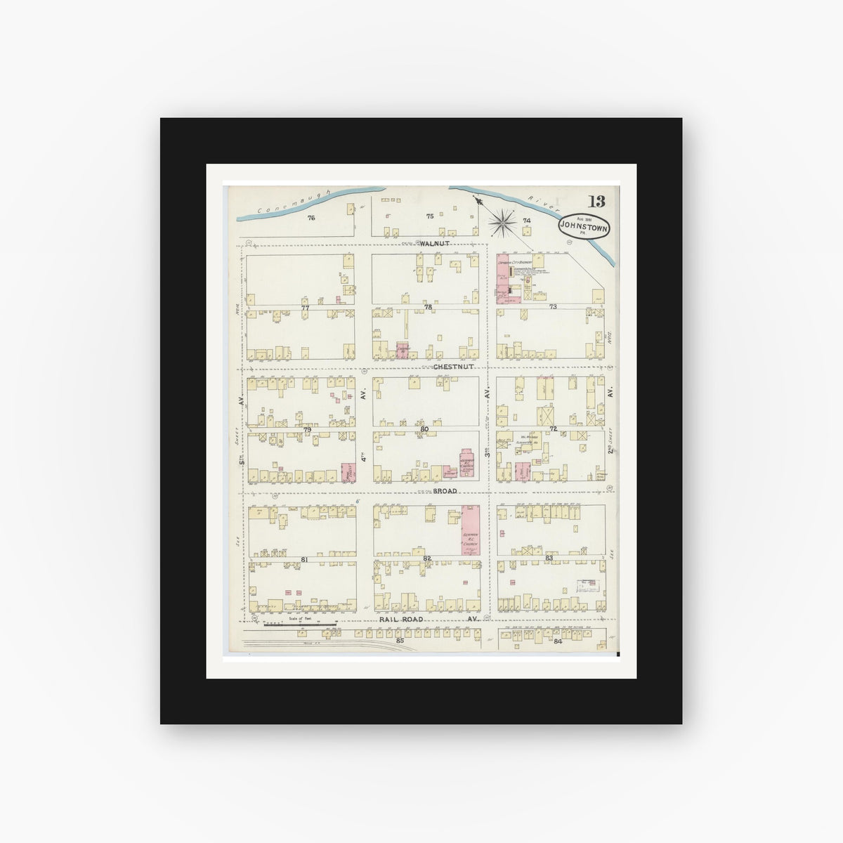 Old map wall art mockup — black gallery frame with white mat — Sanborn Fire Insurance Map from Johnstown, Cambria County, Pennsylvania (1891), Sheet #0013