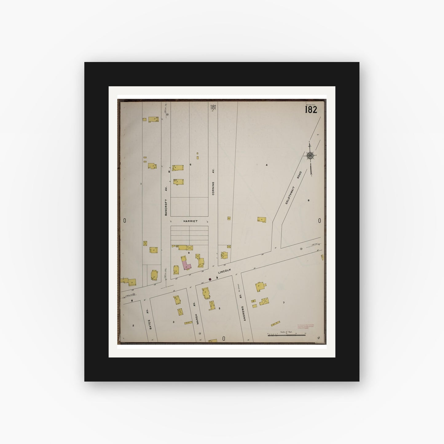 Old map wall art mockup — black gallery frame with white mat — Sanborn Fire Insurance Map from Worcester, Worcester County, Massachusetts (1910), Sheet #0182