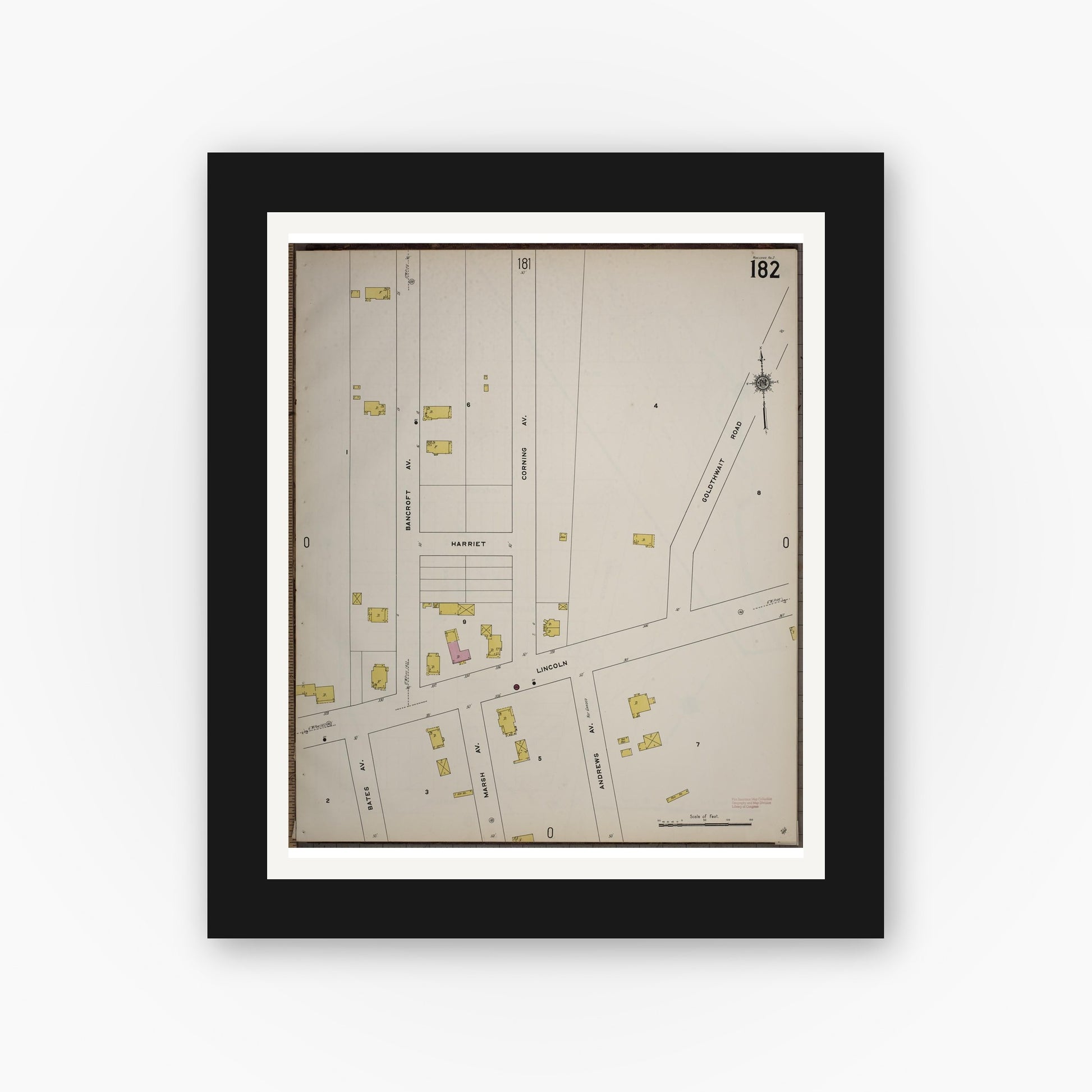 Old map wall art mockup — black gallery frame with white mat — Sanborn Fire Insurance Map from Worcester, Worcester County, Massachusetts (1910), Sheet #0182