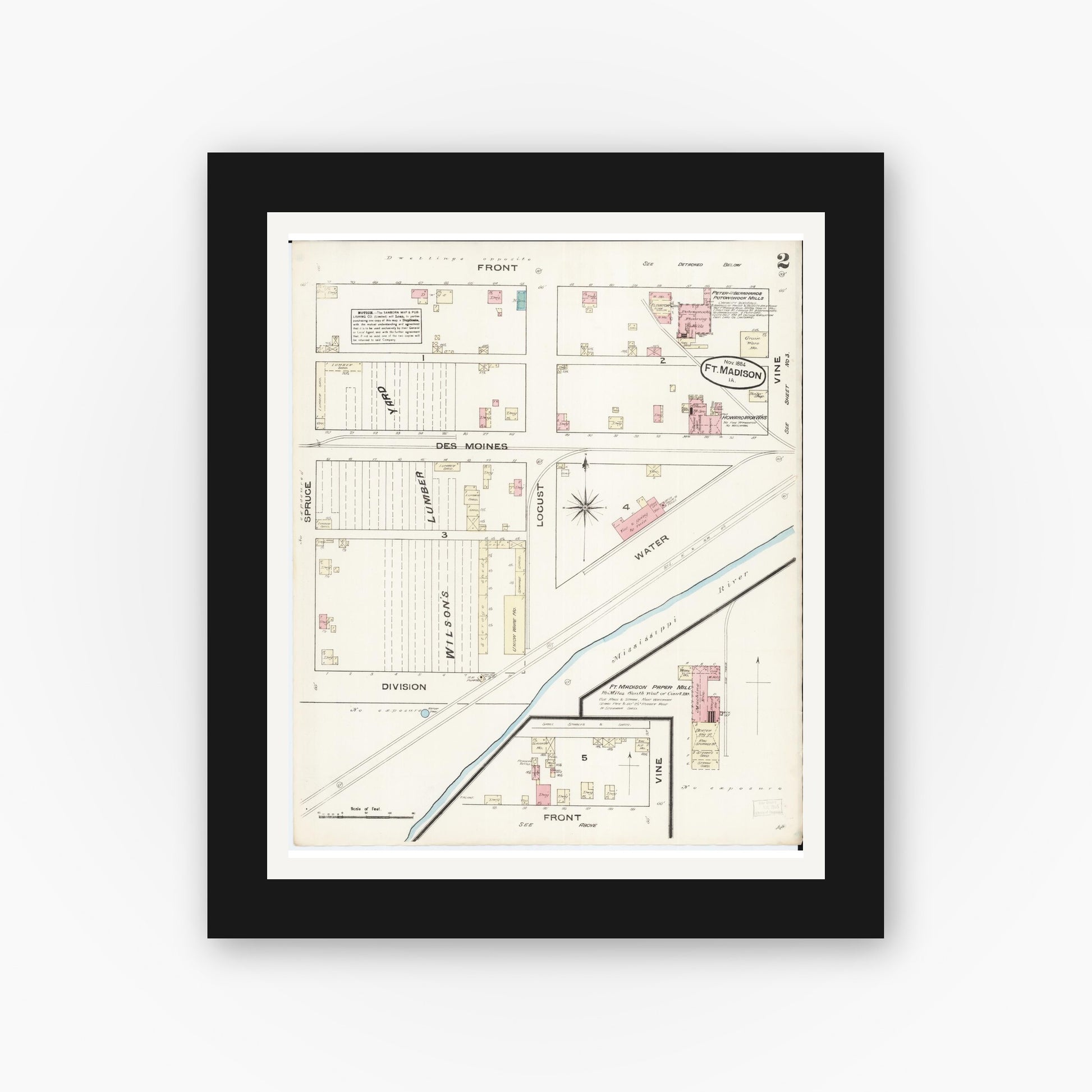 Old map wall art mockup — black gallery frame with white mat — Sanborn Fire Insurance Map from Fort Madison, Lee County, Iowa (1884), Sheet #0002