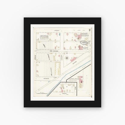 Old map wall art mockup — black gallery frame with white mat — Sanborn Fire Insurance Map from Fort Madison, Lee County, Iowa (1884), Sheet #0002