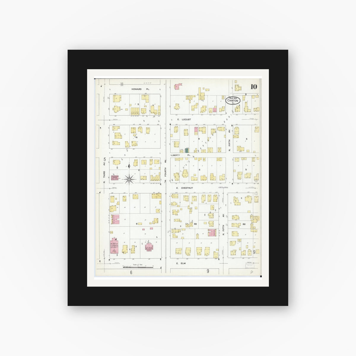 Old map wall art mockup — black gallery frame with white mat — Sanborn Fire Insurance Map from Canton, Fulton County, Illinois (1909), Sheet #0010