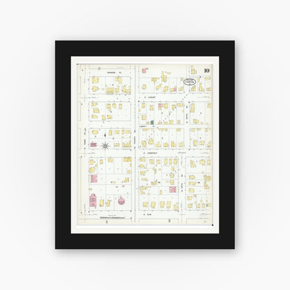 Old map wall art mockup — black gallery frame with white mat — Sanborn Fire Insurance Map from Canton, Fulton County, Illinois (1909), Sheet #0010