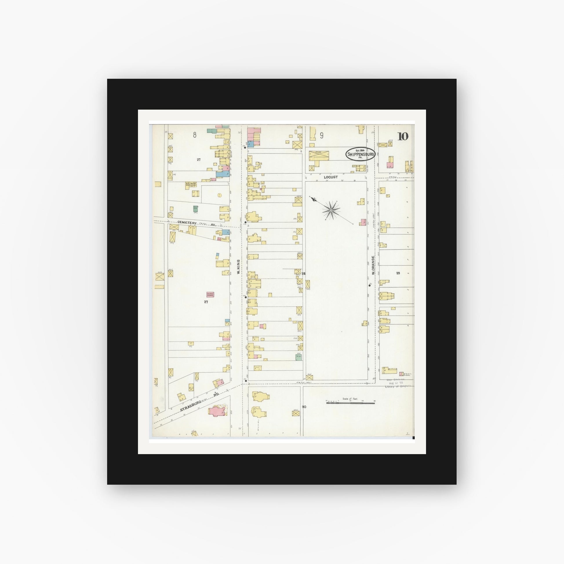 Old map wall art mockup — black gallery frame with white mat — Sanborn Fire Insurance Map from Shippensburg, Cumberland And Franklin Counties, Pennsylvania (1904), Sheet #0010