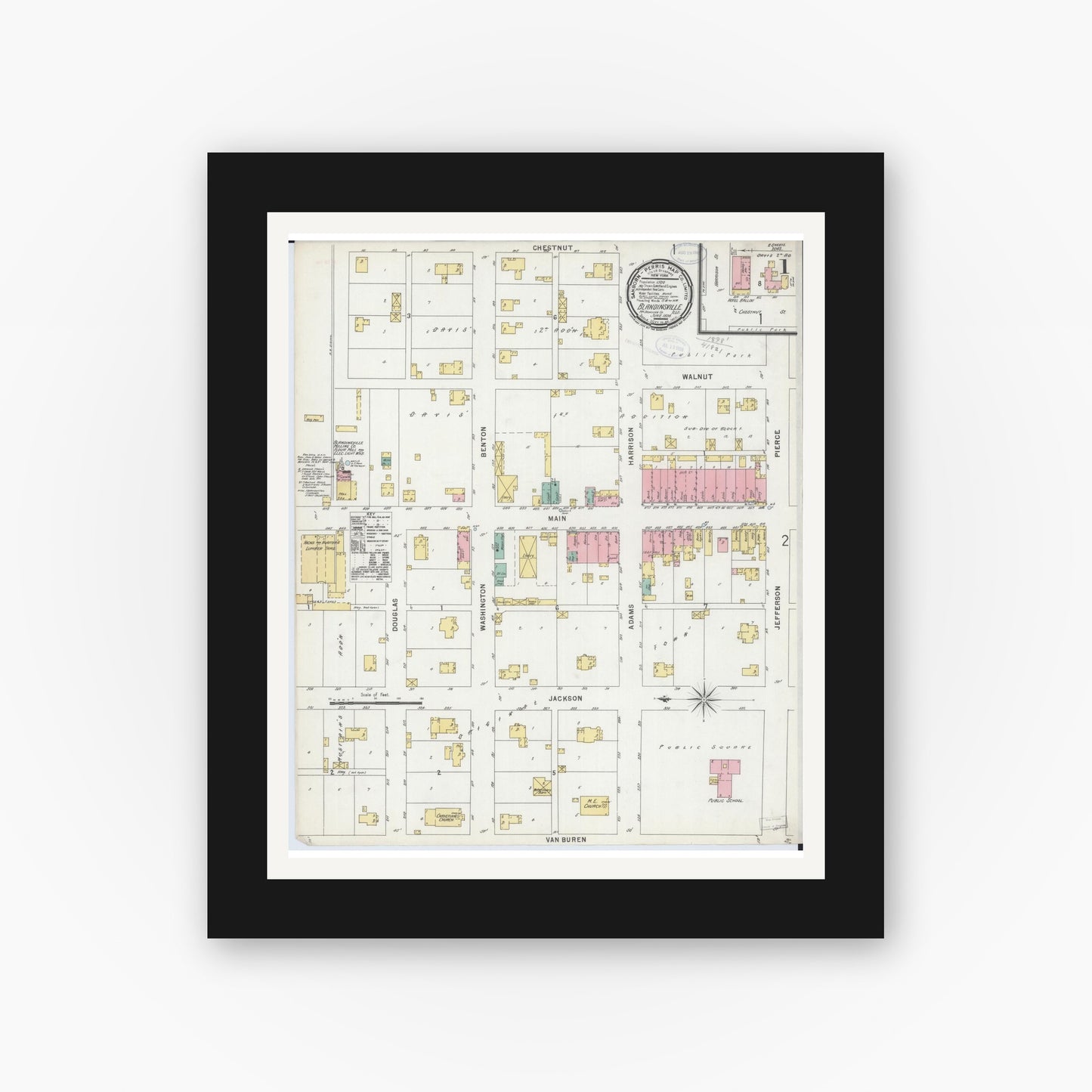 Old map wall art mockup — black gallery frame with white mat — Sanborn Fire Insurance Map from Blandinsville, Mcdonough County, Illinois (1898) - Complete Map Set