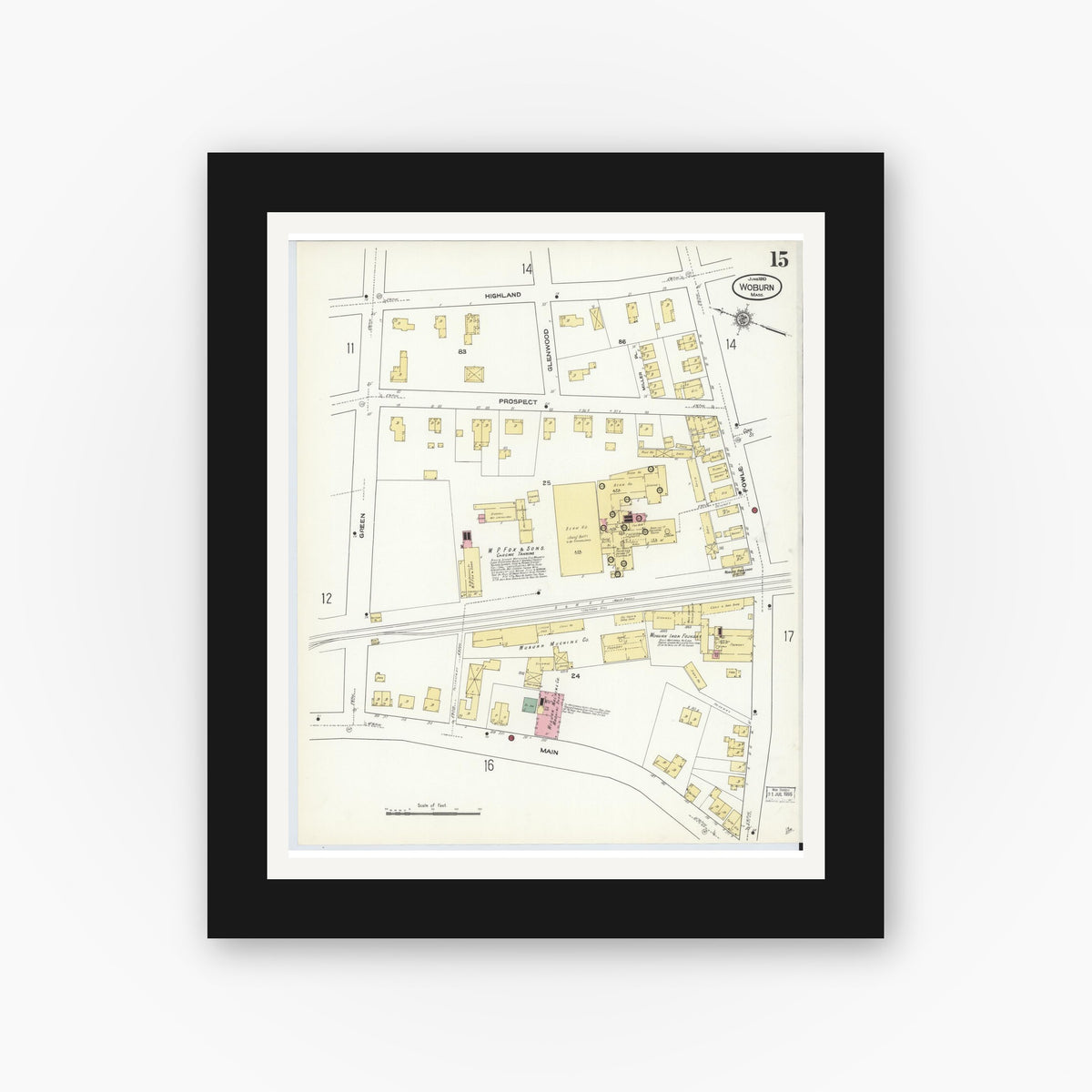 Old map wall art mockup — black gallery frame with white mat — Sanborn Fire Insurance Map from Woburn, Middlesex County, Massachusetts (1910), Sheet #0015