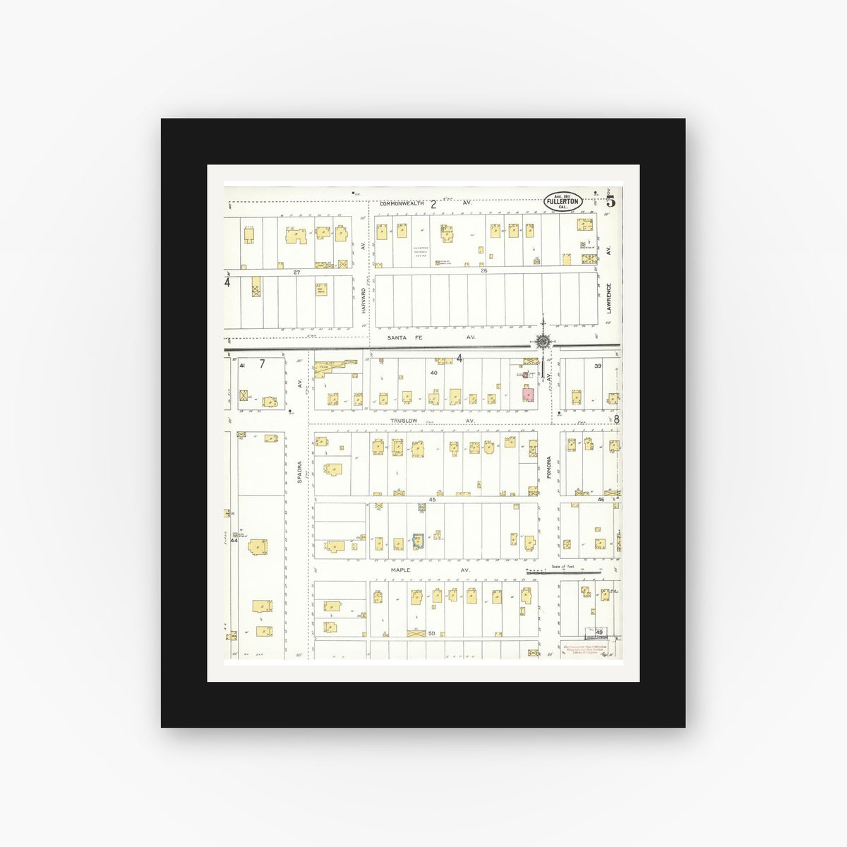 Old map wall art mockup — black gallery frame with white mat — Sanborn Fire Insurance Map from Fullerton, Orange County, California (1911), Sheet #0005